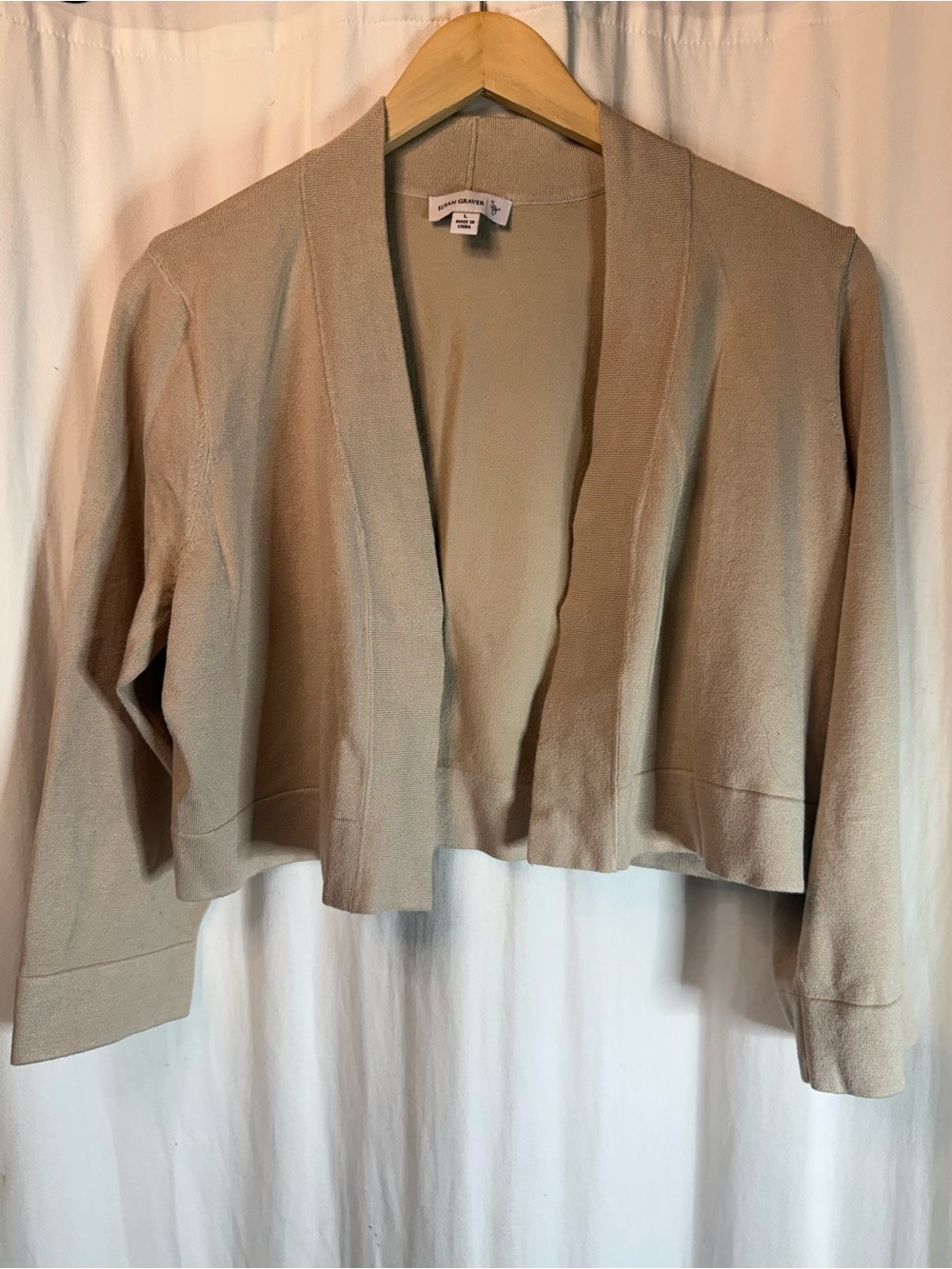 Susan Graver Neutral Beige Open-Front Cropped Cardigan